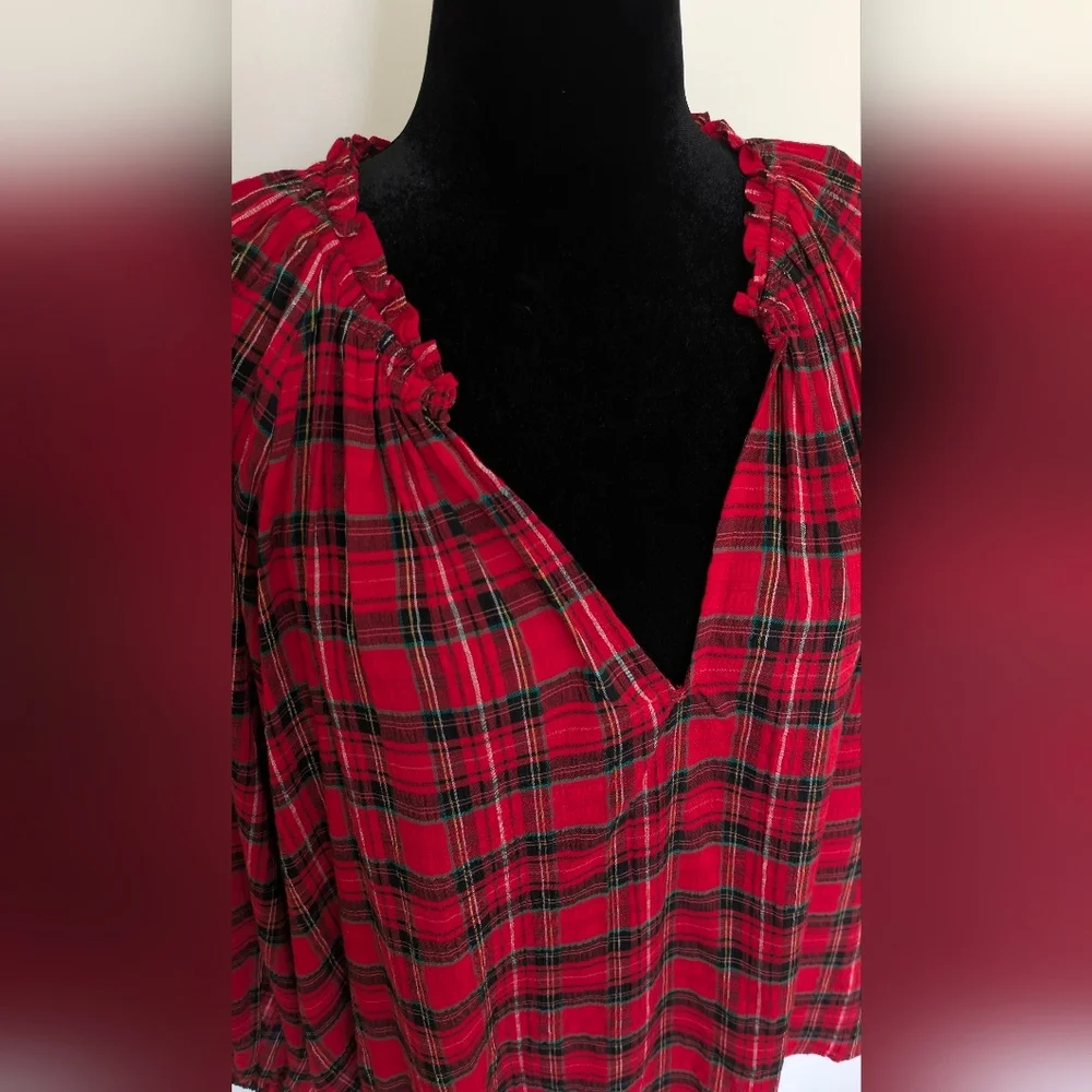 OLD NAVY Pullover Peasant Top Women 2X Red Buffalo Plaid Puff Sleeves V-neck New